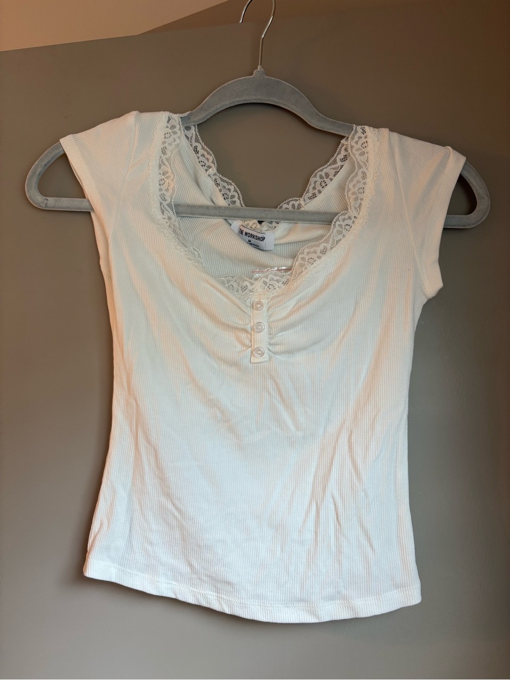 The Workshop Lace Trim Ribbed Tank Top in White Medium NWT
